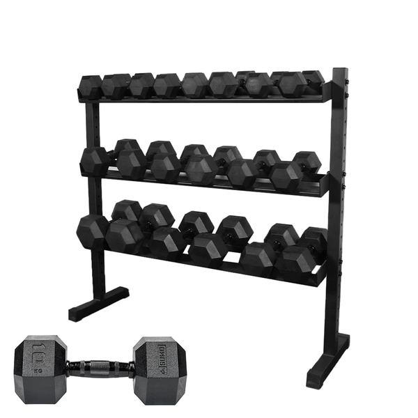 Black Hex Dumbbell Set with Rack 12 Pairs 5 25kg Sumo Strength